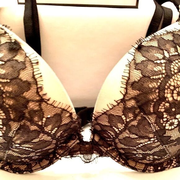 VS VERY SEXY BLACK LACE OVER TAUPE SATIN P-U 32D - Picture 2 of 5
